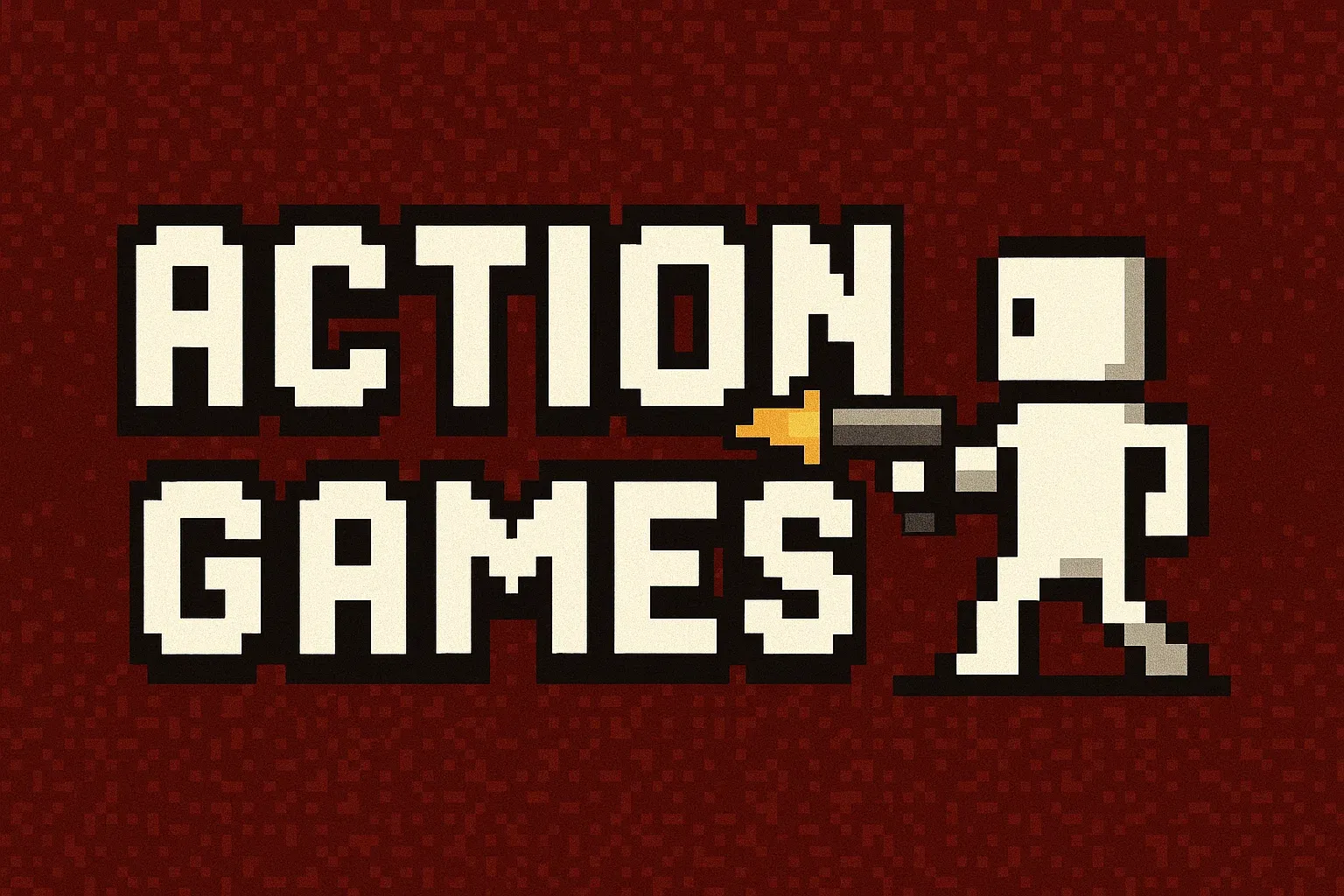 Pixel art graphic with bold white text reading 'Action Games' and a blocky character firing a gun with a flame effect on a dark red background