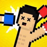 A boxing game character with a blue glove and a red glove.