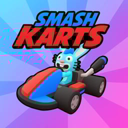 A cartoon bunny in a blue and red race car.