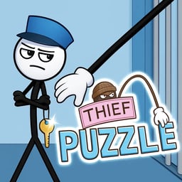 A cartoon character holding a key and a sign that says "Thief Puzzle".